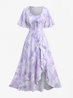 ROSEGAL Plus Size Tie Dye Floral Print Ruffles Lace-Up Dress 2026 Women Summer Dress Light Purple Square Collar Split Vestidos - Image 2