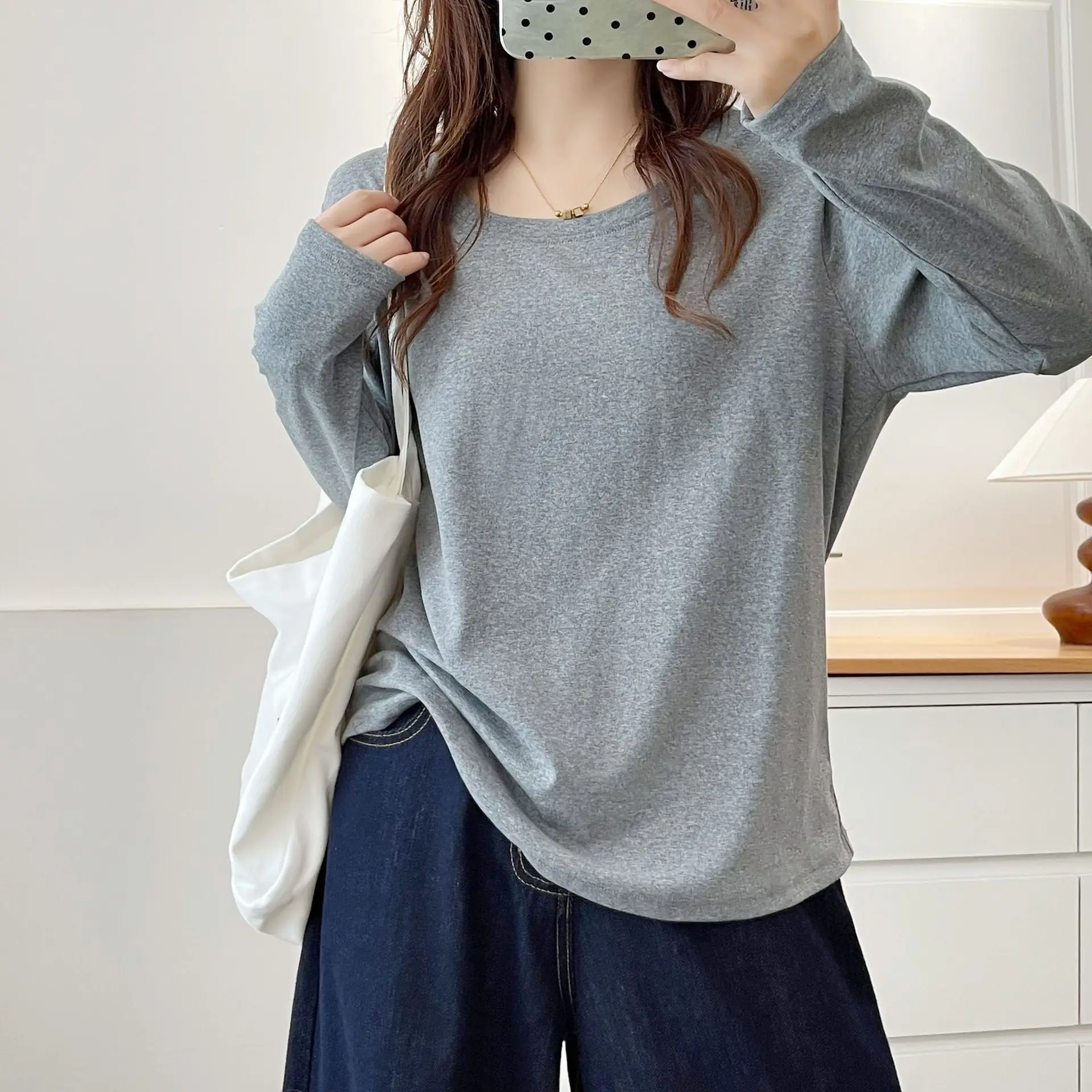 Plus Size Women's T-Shirt XXXXL Fashion Loose round-neck Long Sleeved Tops Autumn Basic Solid Color Base Innerwear 8222