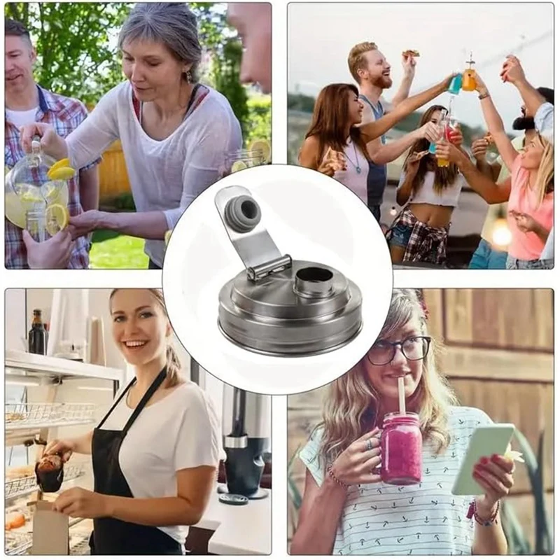 2Pc Wide Mouth Mason Jar Stainless Steel Pour Spout Lid,Reusable Mason Jar Lids For Wide Mouth Jars,Without Handle