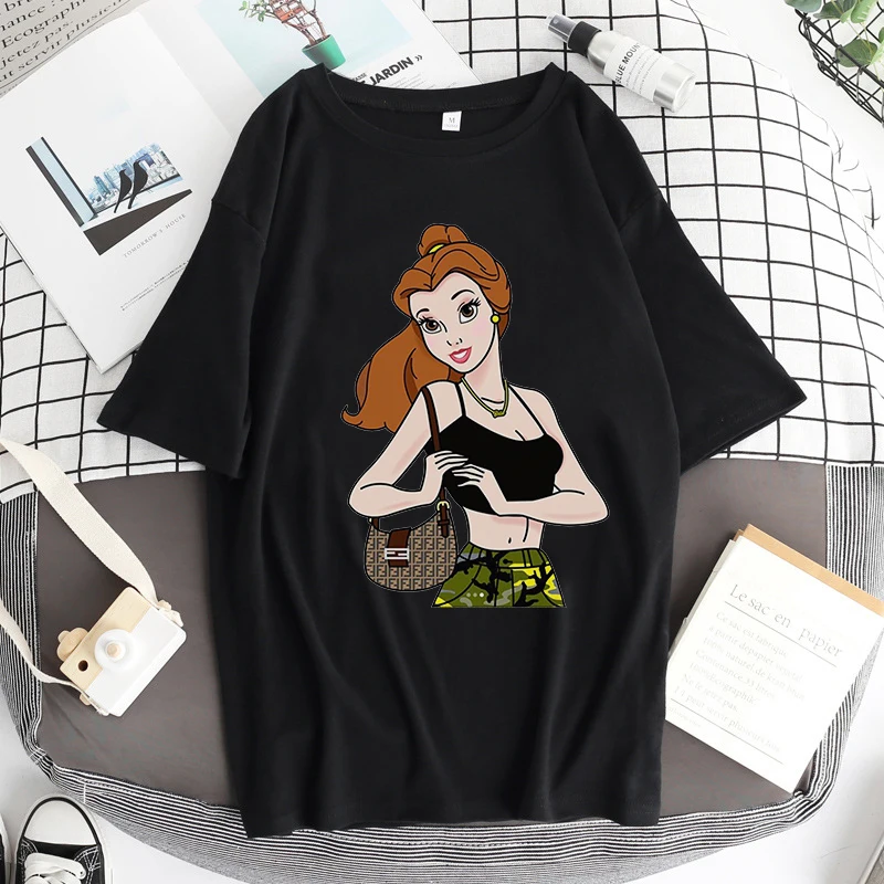 Alice In Wonderland T Shirt Women Cotton Tops Black Alice Snow White Princess Print Casual Short Sleeve 90s Fashion T-shirt t shirt palm angels