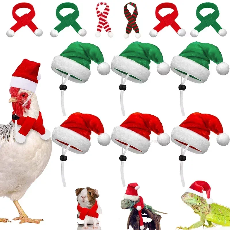 Pet Headgear Small Animal Clothes Christmas Pet Chicken Hat Scarf Set Mini Red Green Santa Hat Scarf Xmas Small Animal for Hen Duck Hamster GuineaPig Parrot