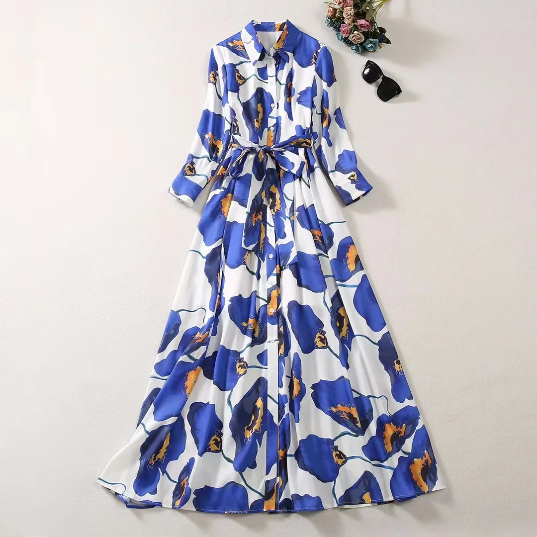 

European and American women's clothing 2023 autumn new lapel Nine-quarter sleeve blue print fashion Pleated dress with belt XXL