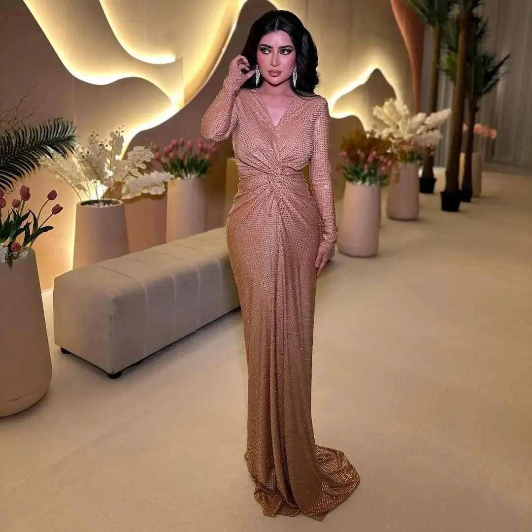 

V-neck Shiny Elegant Prom Dress Sheath Long Sleeves Sweep Train Party Luxury Evening Dress Saudi Arabia Special Occasion Gowns