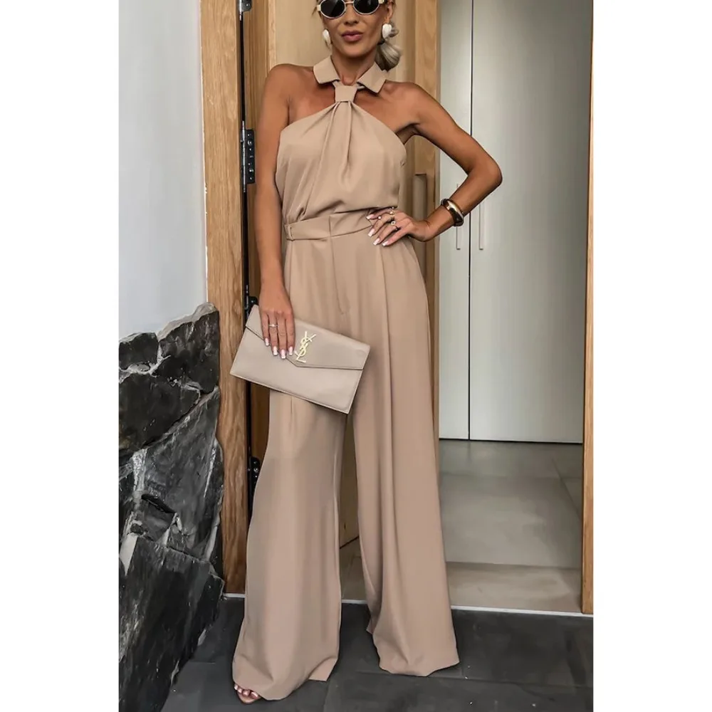 

Women Elegant Waist Halter Jumpsuit Casual Tie Sleeveless Wide Leg Long Pant Summer Clothes 2024