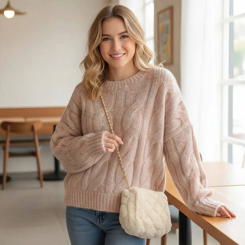 New Autumn Women's Crew Neck Long-sleeved Jumper Sweater Retro Winter Fashion Pink Loose Short Casual Knitwear Pullover Shirt