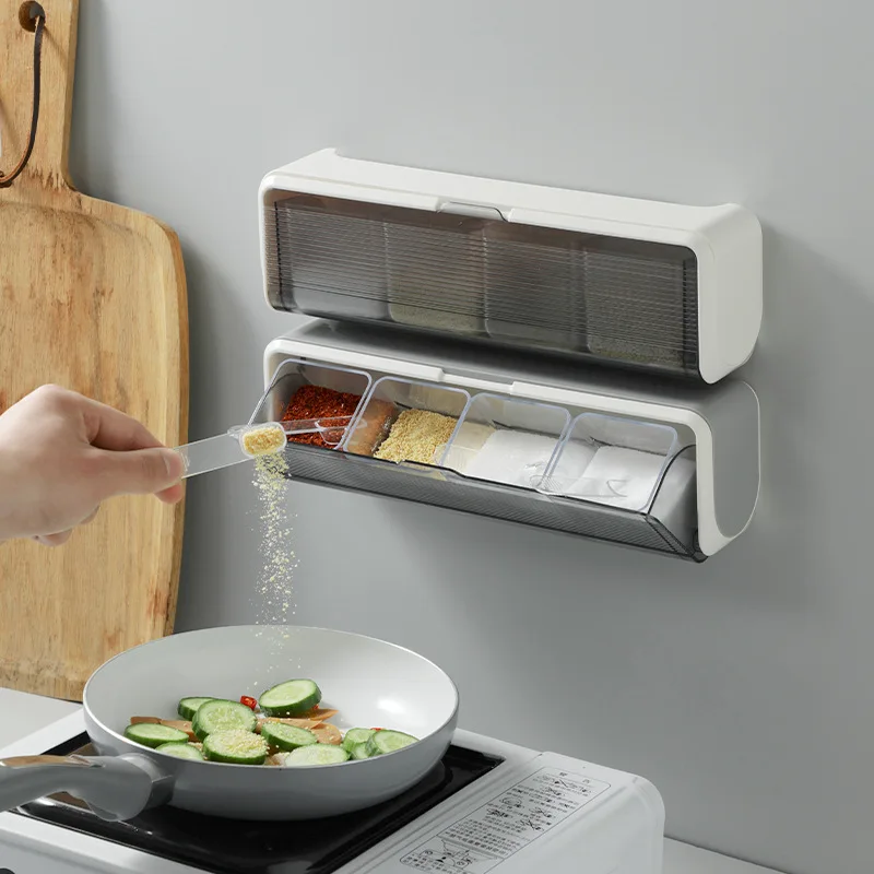 

Kitchen Wall Mount Spice Organizer Rack Salt and Pepper Seasoning Container with Spoon Spice Organizer Kitchen Accessories
