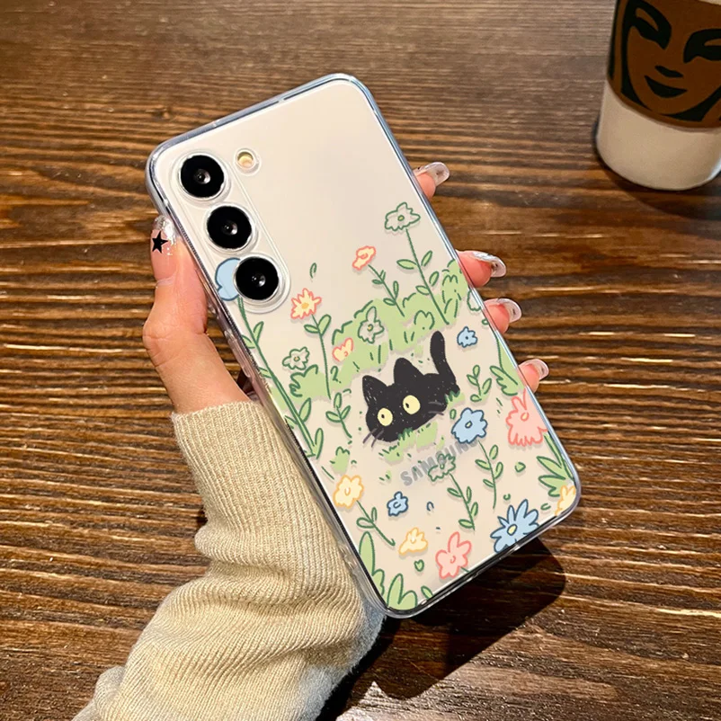 Cute Cartoon Black Cat Floral Clear Phone Case Cover