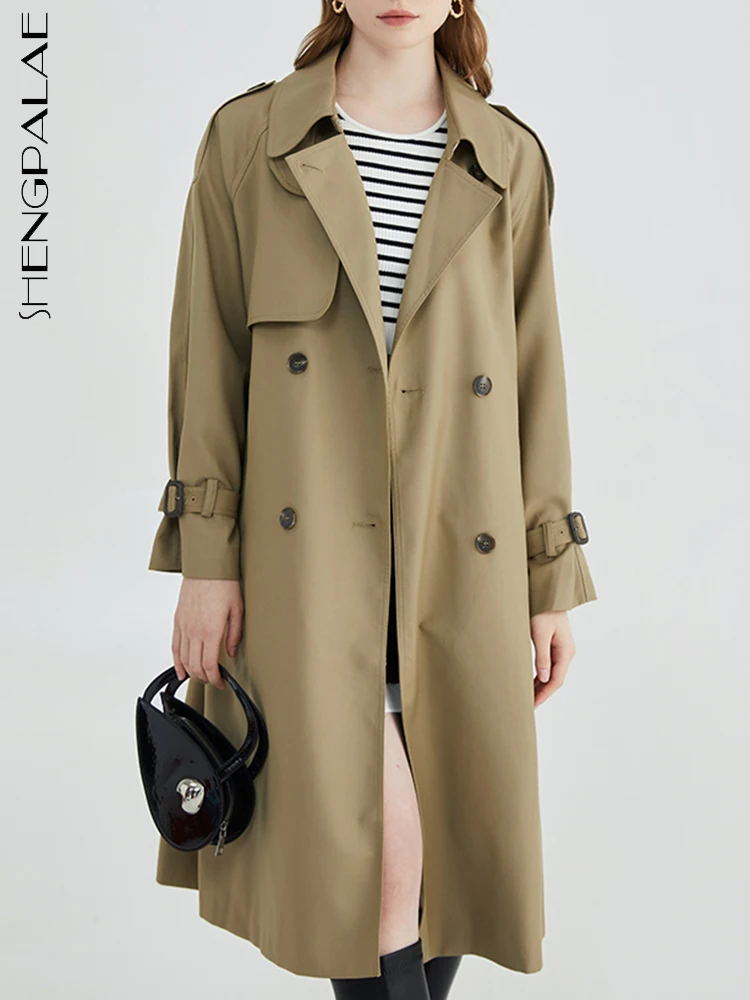 

SHENGPALAE Fashion Women's Trench Lapel Double Breasted Full Sleeve Belt Patchwork Mid Calf Windbreaker Autumn 2023 New 5R5072