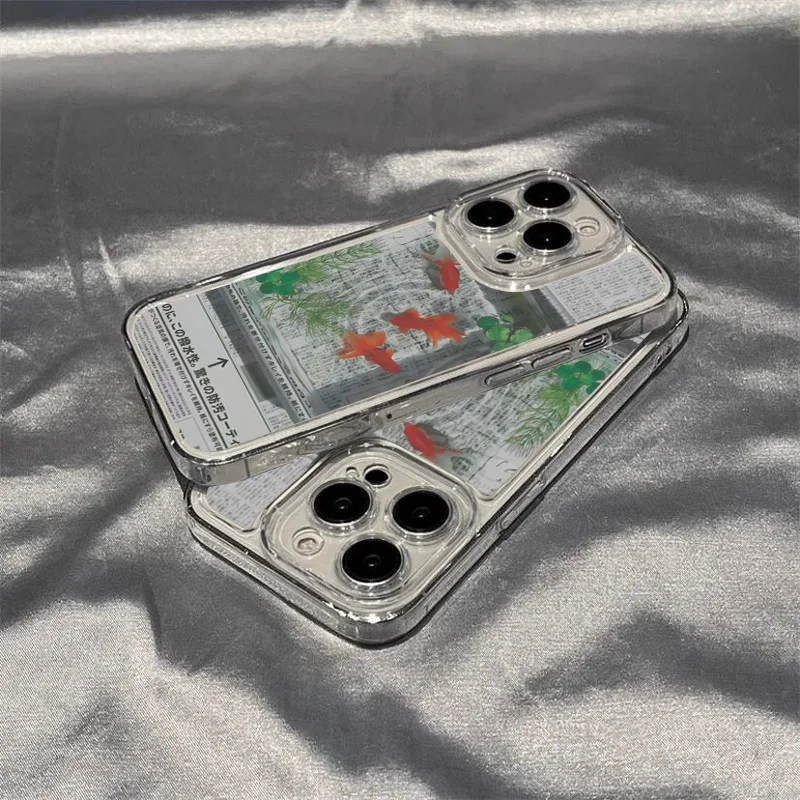 Creative Goldfish Geometric Retro Phone Case - Cute Newspaper Design Cover