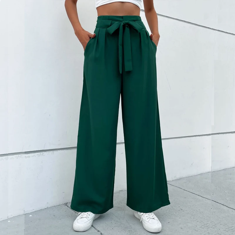 

Elegant Loose Trousers Women Office Lady High Waist Lace-up Wide-leg Pants 2023 New Fashion Solid Baggy Pantaloni Donna 25624