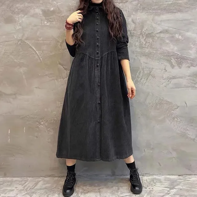Autumn Winter Thick Corduroy Dress for Women Vintage Solid Casual Loose Long Sleeve Button Shirt Maxi Dress Cardigan Tunic Tops 2