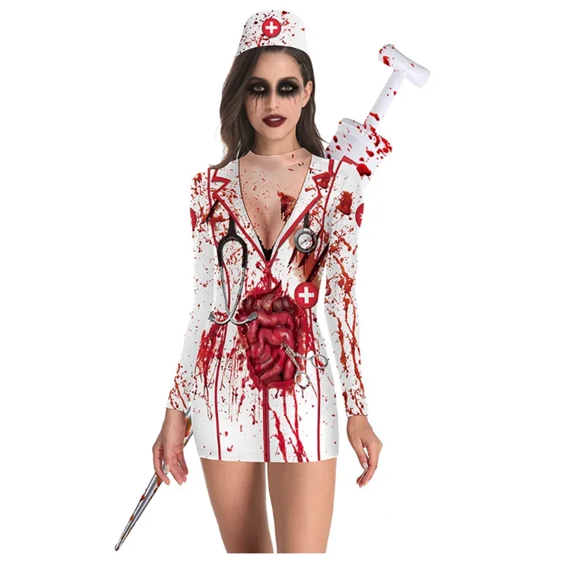 Halloween Dresses Horror Role Blood Nurse Short Pack Hip Short Dress Cosplay Zombie Nurse Uniform Event Costume