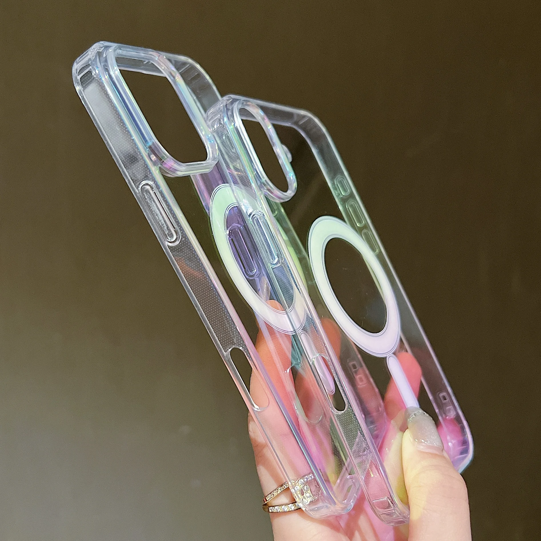 Clear Laser Rainbow Magnetic Phone Case with Wireless Charging Cover