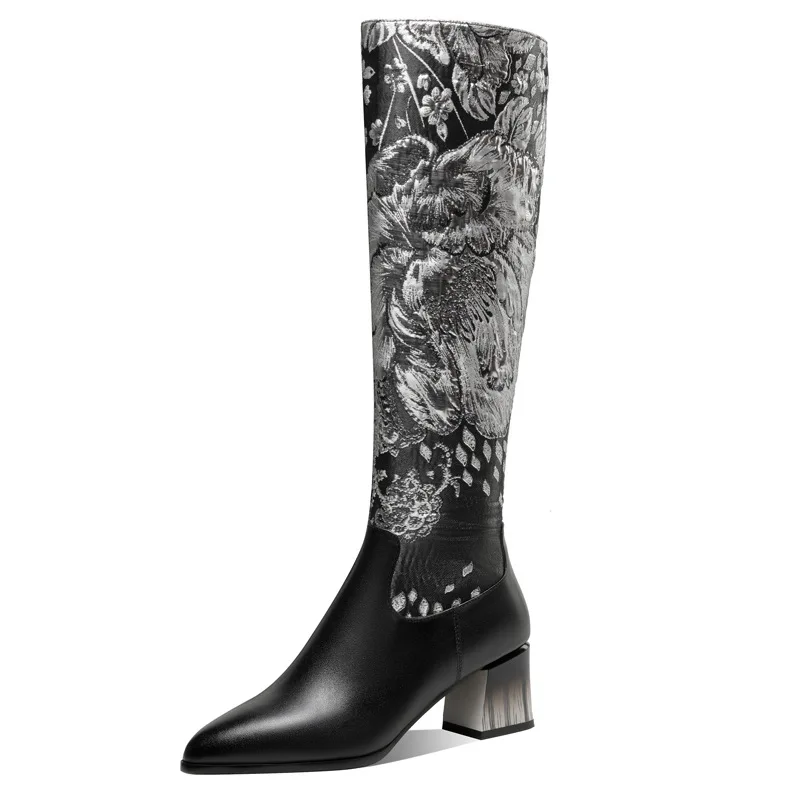 New Ethnic Style Embroidered Leather Boots Pointed Head Thick Heel Heightened Zipper Skinny Leg Knight Boots Sexy Women's Boots