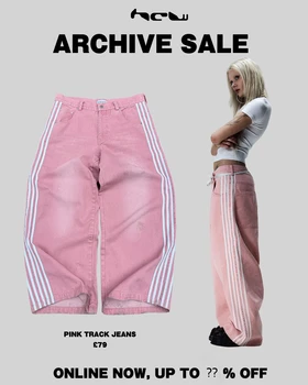 Y2K Women Simple Striped Embroidered Baggy Jeans Pink Sweatpants Hip Hop Streetwear Casual Retro Harajuku Wide Leg Denim Pants 1