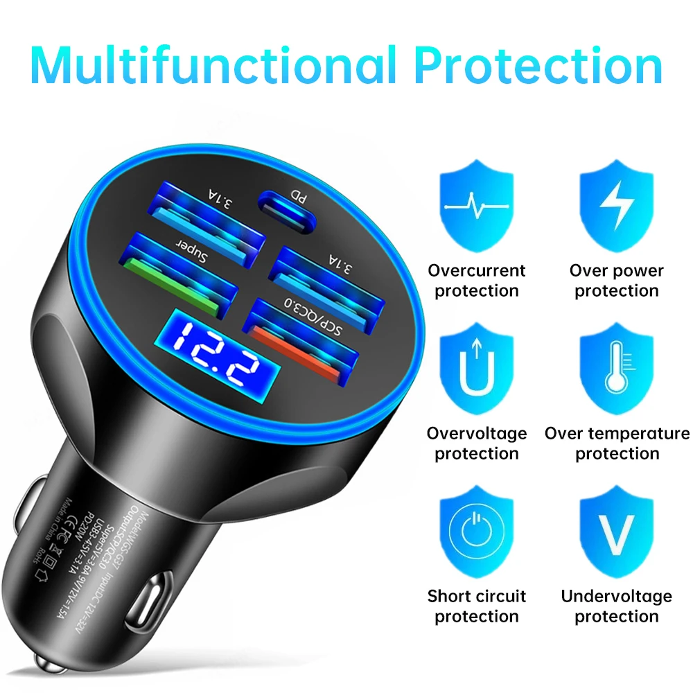 4 USB 250W Car Charger PD QC 3.0 Type-C Fast Charging Car Phone Adapter for iPhone Samsung Huawei Xiaomi Cigarette Lighter