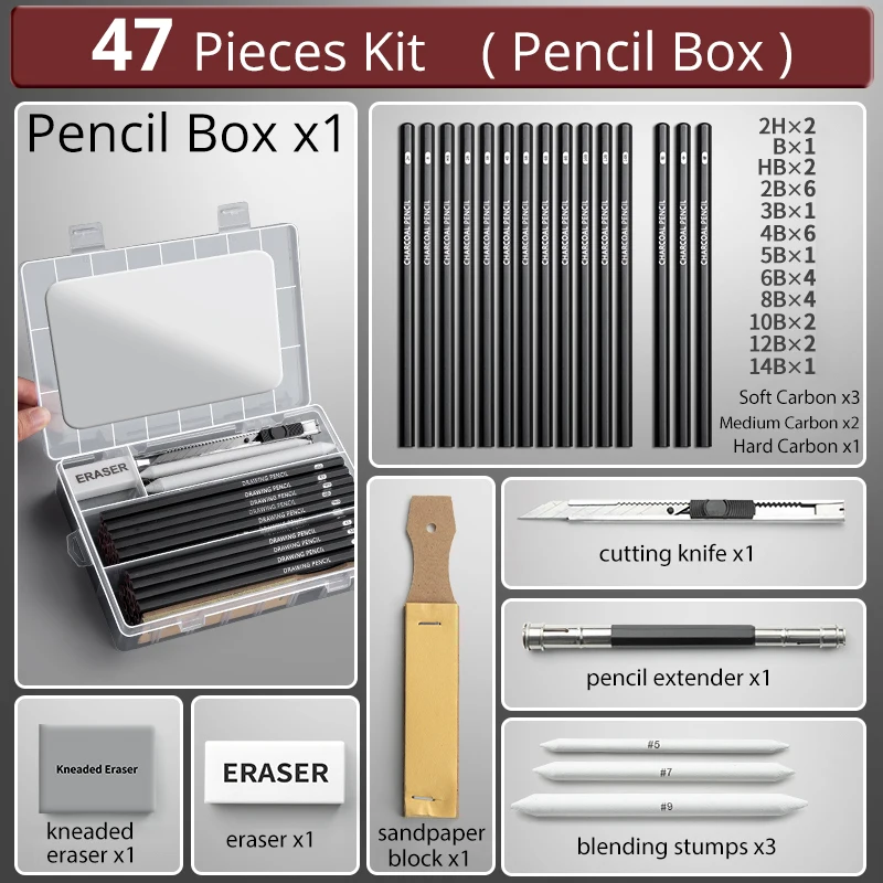 27/38/47pcs Drawing Pencils Sketch Box Set Sketching Kit Pro Art Sketch Supplies Charcoals Kneaded Eraser Extender Pencil Case 6