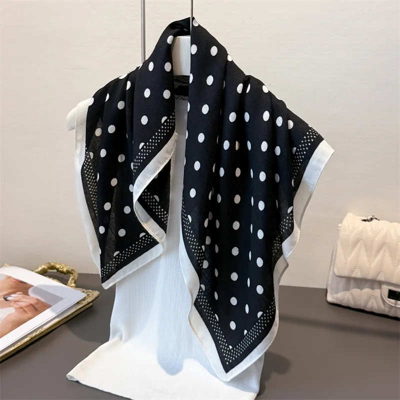 Luxury Polka Dot Print Hairbands Square Scarf Women Cotton Linen Feeling Bandana Neck Kerchief Head Bands Foulard Female Scarfs