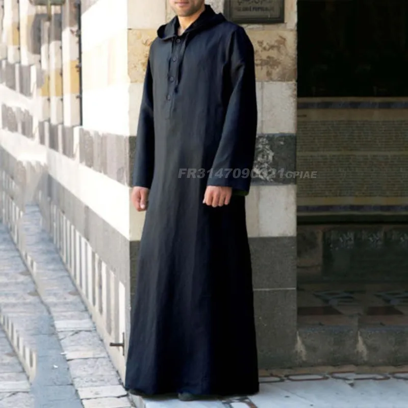 Batas musulmanas para hombre, caftán largo con capucha, Jubba, Thobe, árabe, turco, Abaya, Islam, Habit, musulmán, Color sólido, vestido de Ramadán