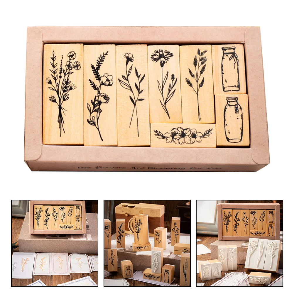 

Wood Rubber Stamp Set Strip Flower Plant Decorative Wooden Seals Mounted Journaling Scrapbooking Diary Diy Crafting Card Making