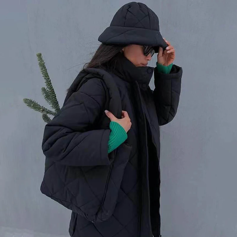Ardm Casual High Collar With Rhombus Pattern Down Cotton Coat Long Sleeve Top Winter Jacket Women 2022 Parkas Straight Outwear