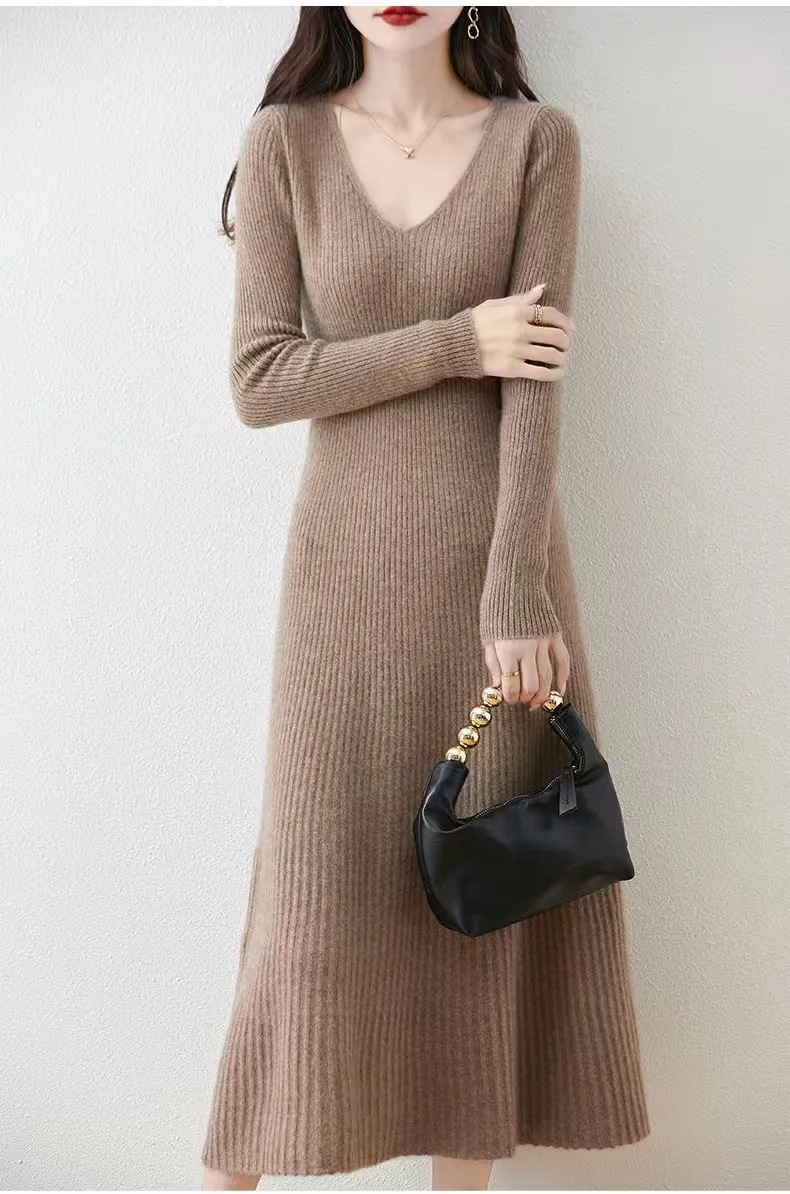 Temperament V-neck pure wool knitted dress, autumn and winter tight fitting hip hugging skirt, long cashmere sweater base skirt