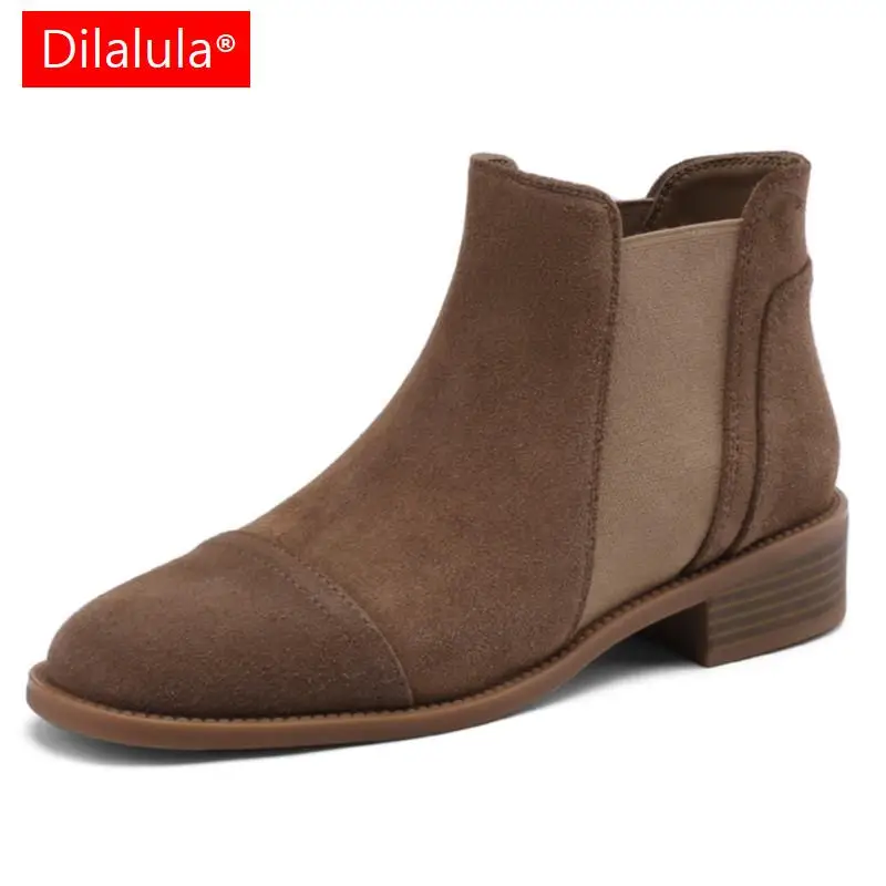 

Женские винтажные ботильоны Dilalula, осенне-зимние ботинки на толстом каблуке с круглым носком, Женская Повседневная офисная обувь из коровьей замши
