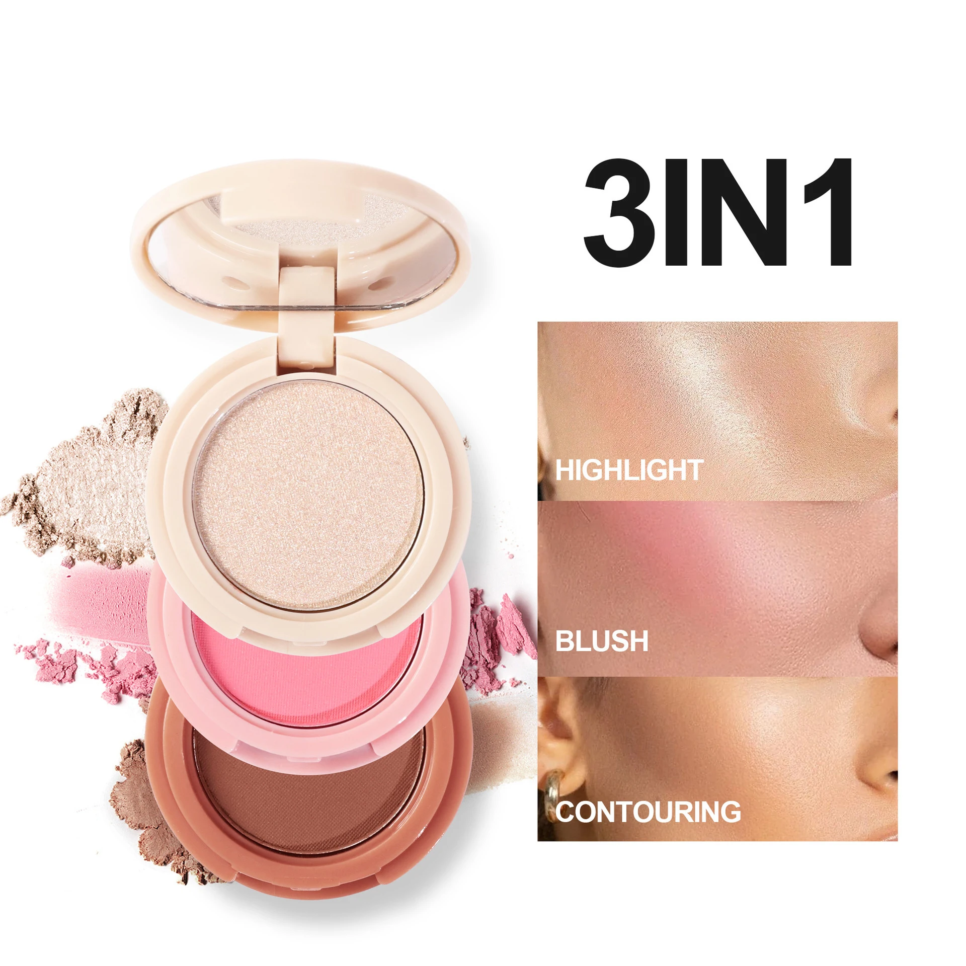 

3 IN 1 Highlight Blush Contour Palette Rouge Makeup Brighten Eyeshadow Palette Matte Face Glitter Pigment Hairline Brow Powder