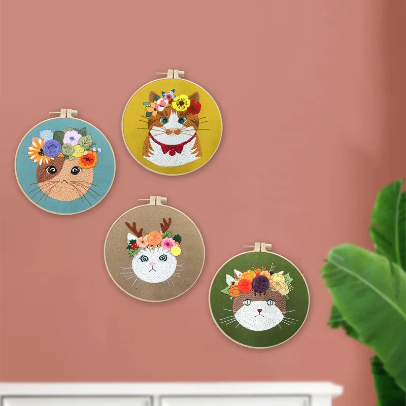 Animal Embroidery Kit For Beginners Hand Diy Craft Kits Cats Embroidery Cross Stitch Kits Needlework Hoop Tool Handmade Sewing embroidery kits