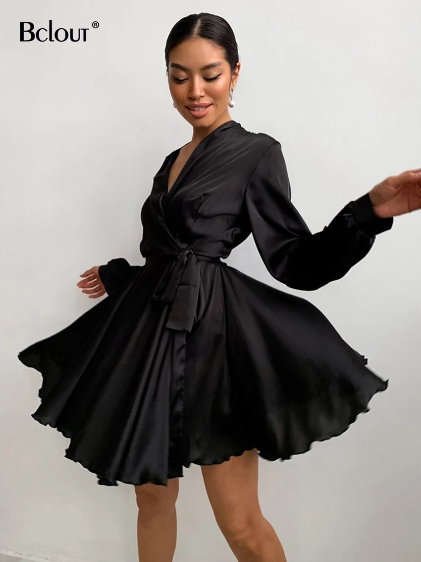 

Элегантное Черное атласное платье Bclout для женщин 2024 модные офисные женские мини-платья на шнуровке с V-образным вырезом весенние плиссированные платья а-силуэта для женщин