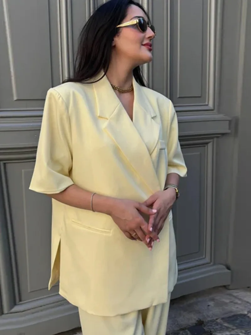 Women Butter Yellow Oversized Blazer New Chic One Button Lapel