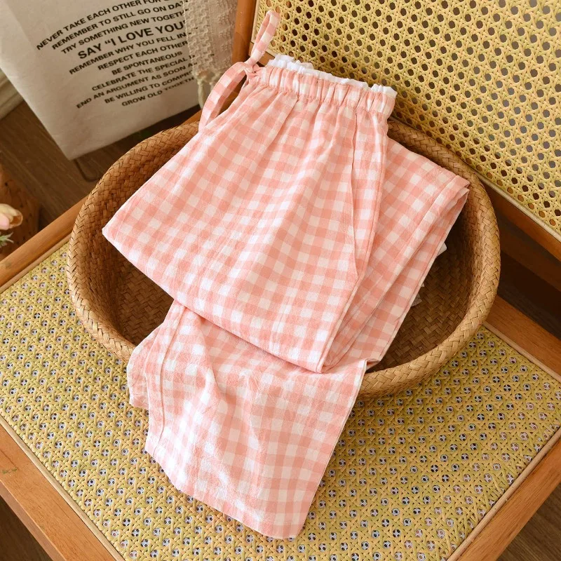 2026 new women's sleepwear 100% cotton gauze lace checkered pants Japanese minimalist home pants bottoms womens sleepwear - 2