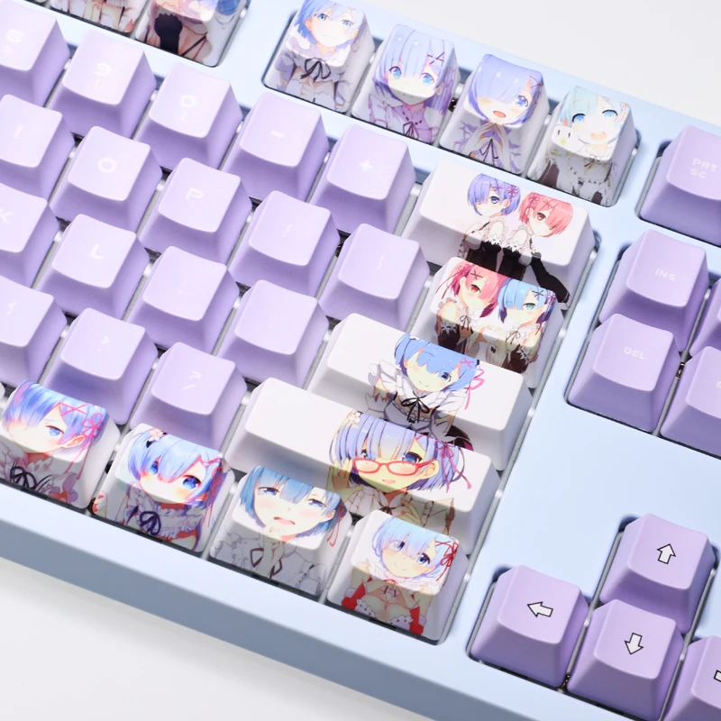 Conjunto Pbt Tintura Subbed Keycaps Anime dos Desenhos Animados Tampas Chave re Vida em um Mundo Diferente de Zero Rem Keycap para Ansi 61 87 104 1 - Imagem 3