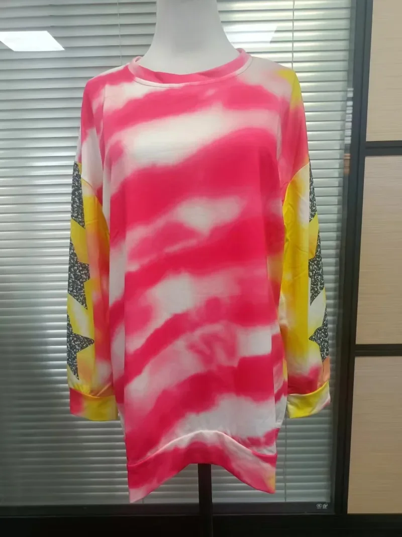 2023 New Women Casual Tie Dye Printing Crewneck Harajuku Sweatshirt Loose Streetwear Y2k Long Sleeve Hoodies Plus Size Clothing