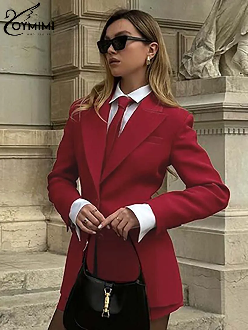 Oymimi Elegant Red Women's Two Pieces Set Fashion Long Sleeve Pockets Tie Button Blazers And High Waisted Simple Shorts Sets 3