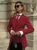 Oymimi Elegant Red Women's Two Pieces Set Fashion Long Sleeve Pockets Tie Button Blazers And High Waisted Simple Shorts Sets 3