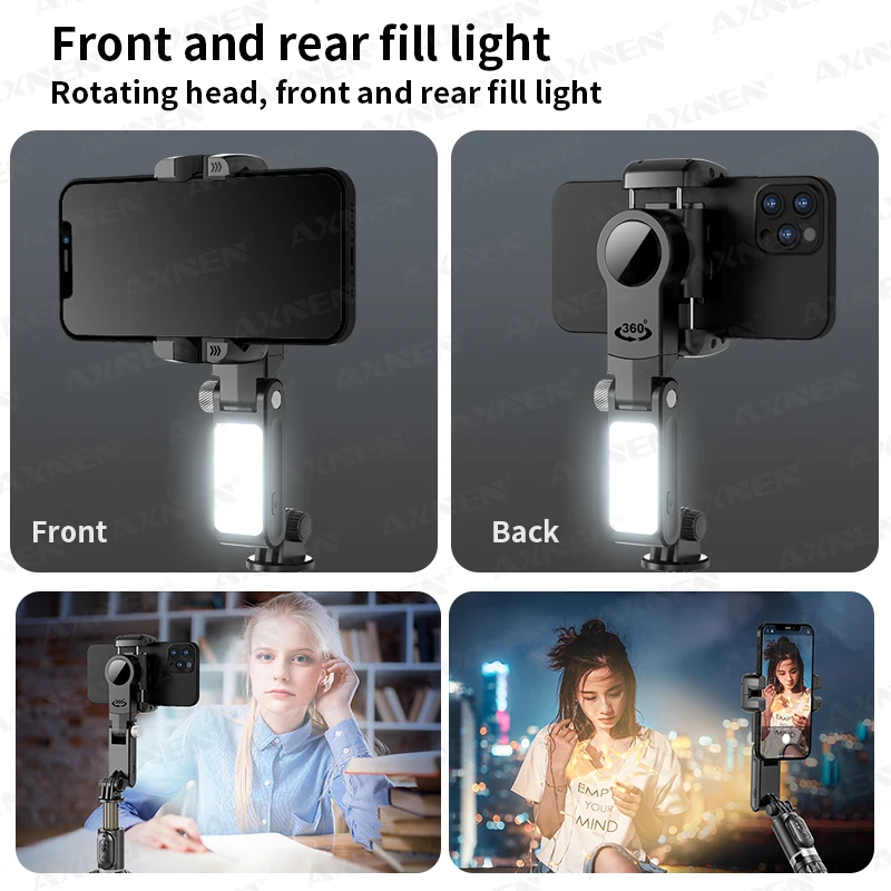 Utilisation du stabilisateur Gimbal QMINI avec lumière d'appoint pour filmer une scène nocturne, lot de 2 en main.