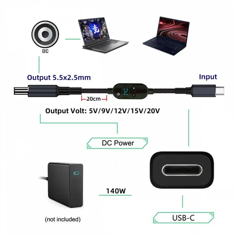 C타입 USB-C 140W 전원 케이블-DC 잭 어댑터 입력 20V 15V 12V 9V 5V 출력 DC 5.5X2.5Mm 스마트 LED 디스플레이