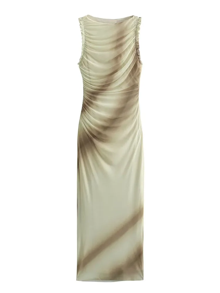 

TRAF 2024 New Women Tulle Print Pleated Midi Long Dress Elegant Sleeveless Party Dresses For Ladies Spring Side Zip Female Dress