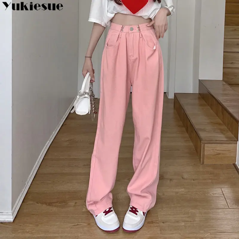 

Korean Style New Spring Summer Vintage Women Denim Pants Button High Waist Loose Straight Wide Leg Pants Casual Jeans Streetwear