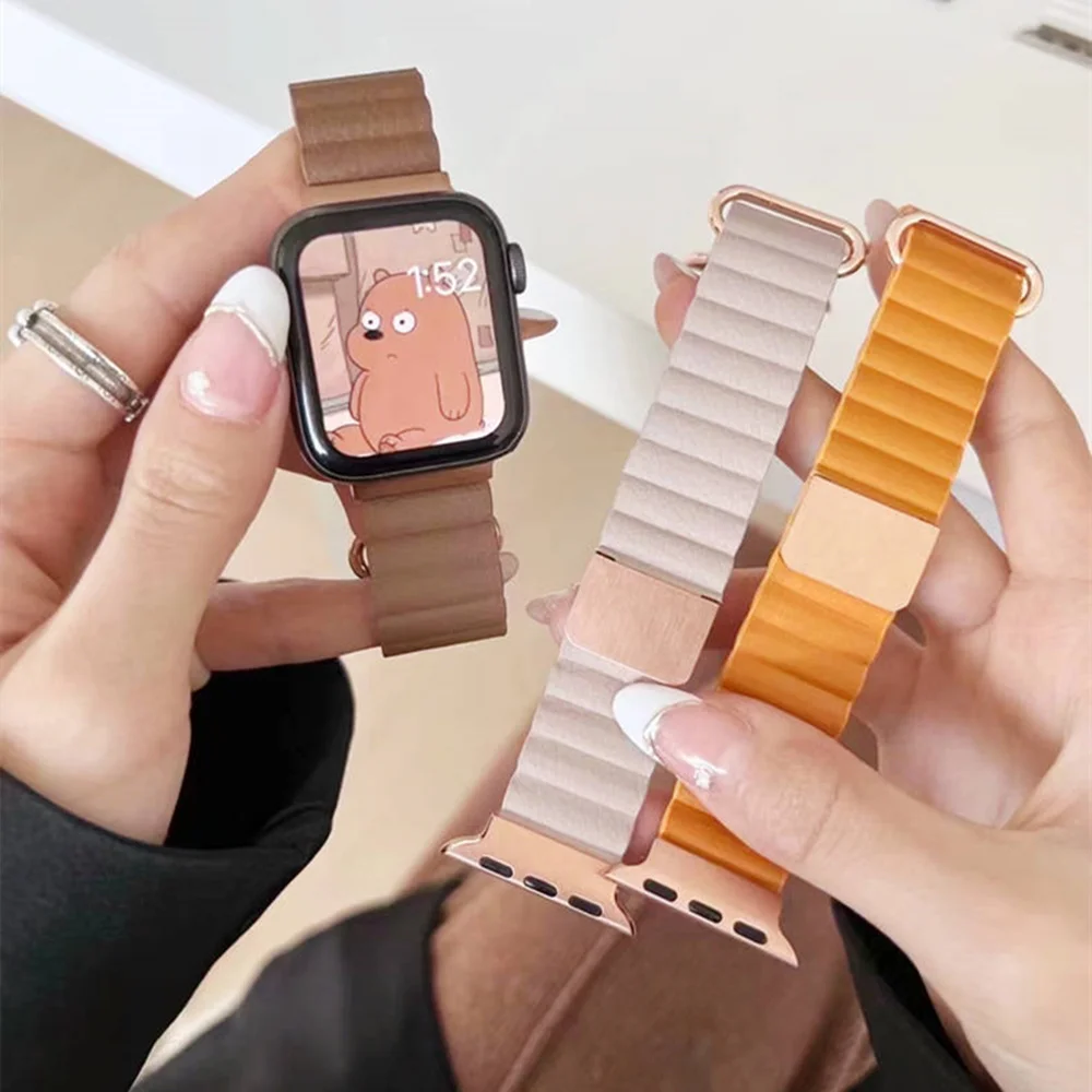 Correia de couro para Apple Watch Band, 49mm, 45mm, 41mm, 44mm, 40mm, 38mm, 42mm, pulseira magnética, Correa iWatch, Ultra2, 9, 8, 5, 6, 7