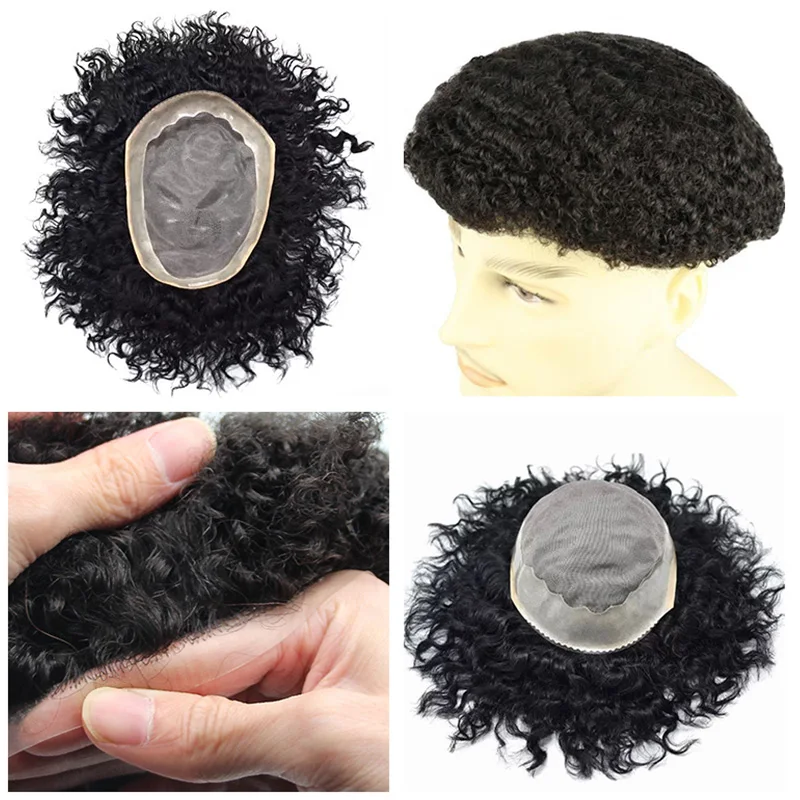 Deep Curly Hairpiece Men Capillary Prosthesis Fine Mono NPU 100% Human Hair Wigs For Men Toupee Exhuast Systems Afro Men Wig