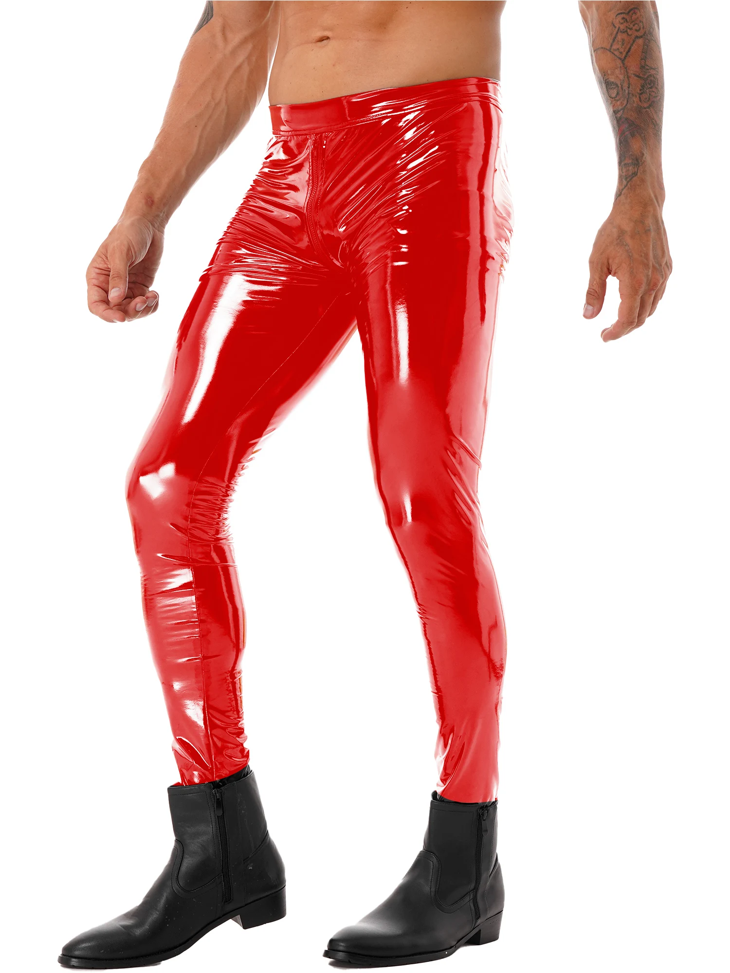 Mens Black Red Motorcycling Leggings Patent Leather Skinny Pants Two-way Zipper Crotch Trousers Wet Look Clubwear Leggings men trousers leather pants skinny pants
