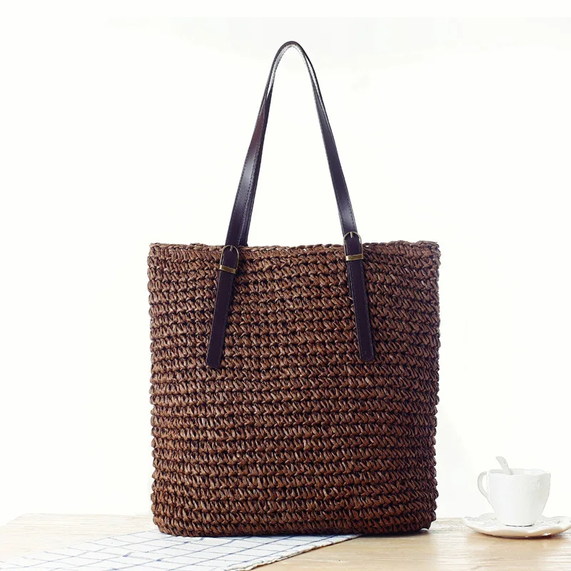 New Simple Solid Color Grass Woven Bag Forest Women's One Shoulder Handmade Woven Bag Four Seasons Travel Women's Bag