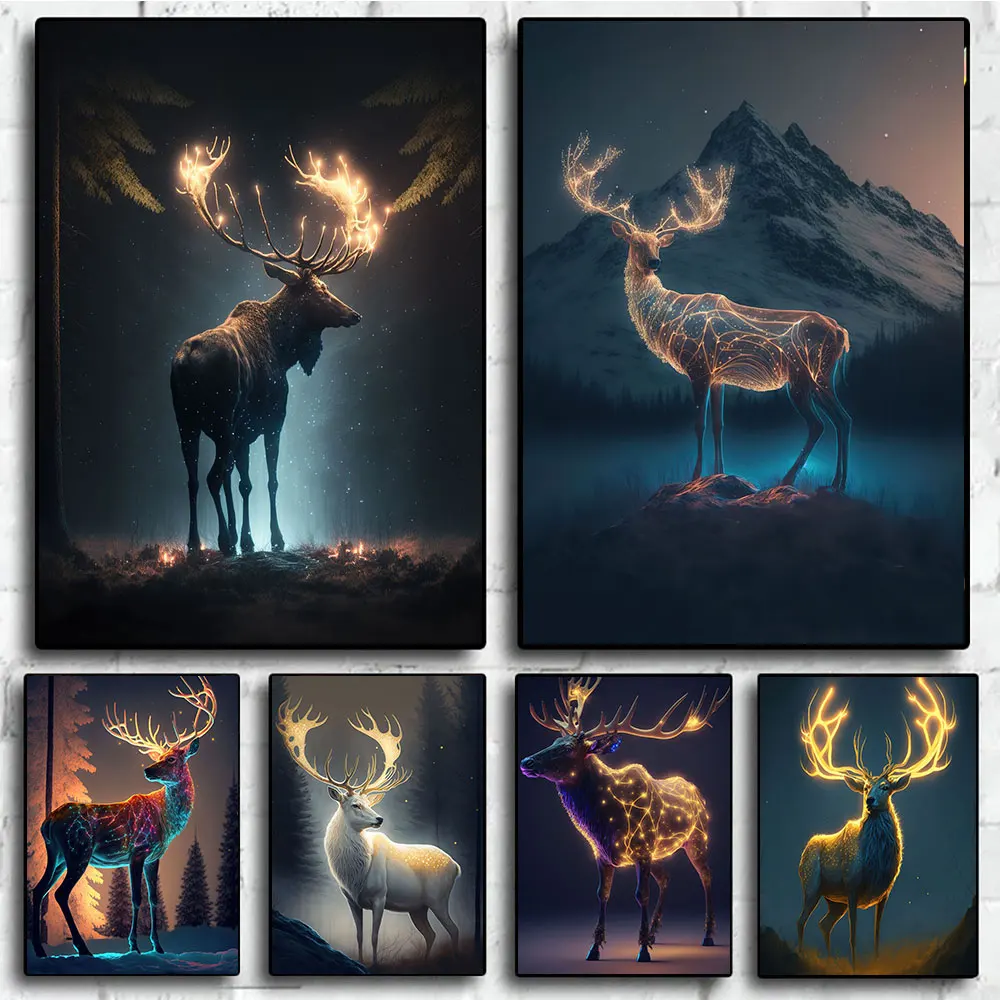 

Abstract Forest Neon Elk Posters and Print Cute Deer Baby Canvas Painting Wall Art Animals Picture for Kids Room Home Decor Gift