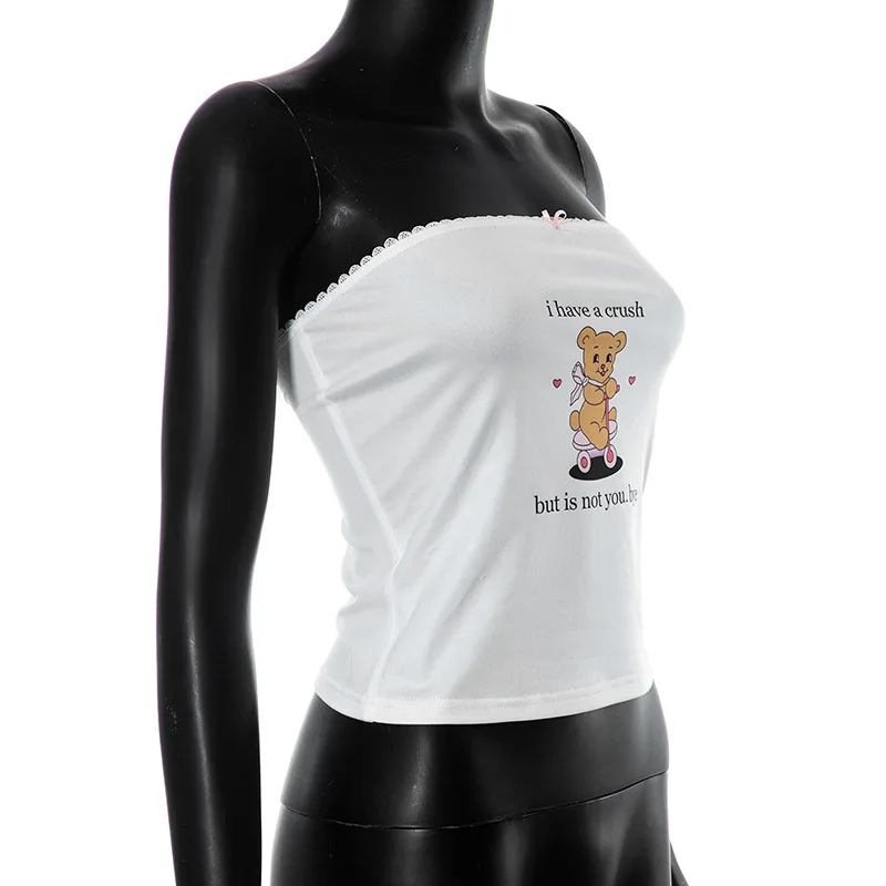 Top de corsé blanco sin mangas de verano con estampado de letras de oso bonito, top corto sexy ajustado para mujer, ropa de moda con lazo de encaje, ropa de mujer