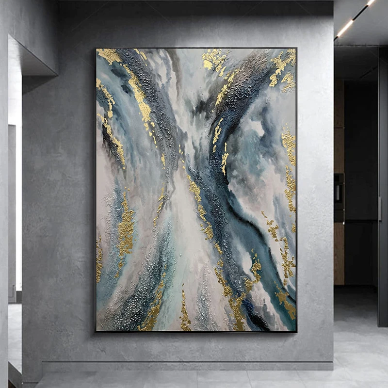 

Original Hand Painted Blue Abstract Wall Art Oil Painting Large Gold Texture Painting for Living Room Home Decoration