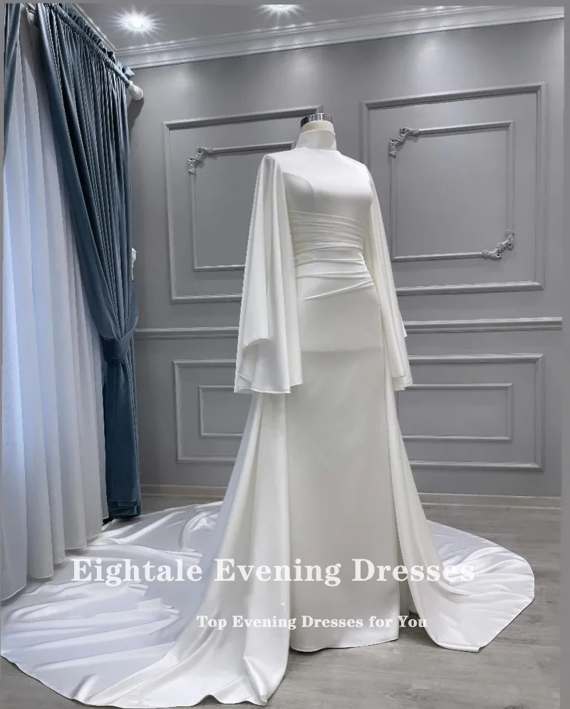 Eightale Muslim Wedding Dress High Neck Satin Customized White Ivory Arabic Bridal Gown Long Sleeves Vestido De Noiva 3