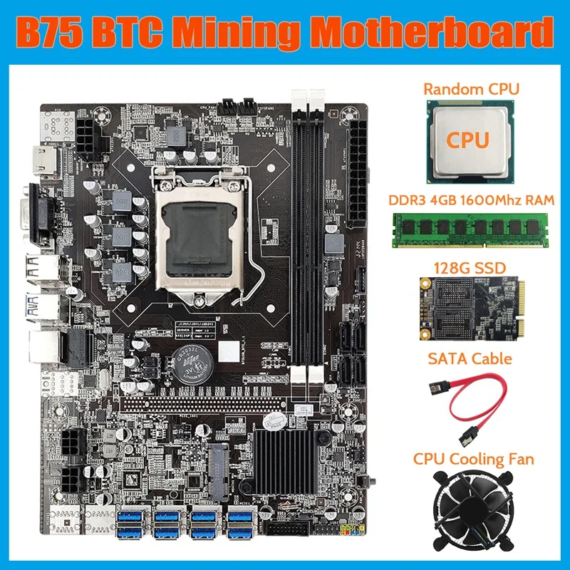 pc motherboard cheap HOT-B75 USB BTC Mining Motherboard+CPU+Fan+DDR3 4GB 1600Mhz RAM+128G SSD+SATA Cable LGA1155 8XPCIE to USB B75 BTC Board gaming pc motherboard