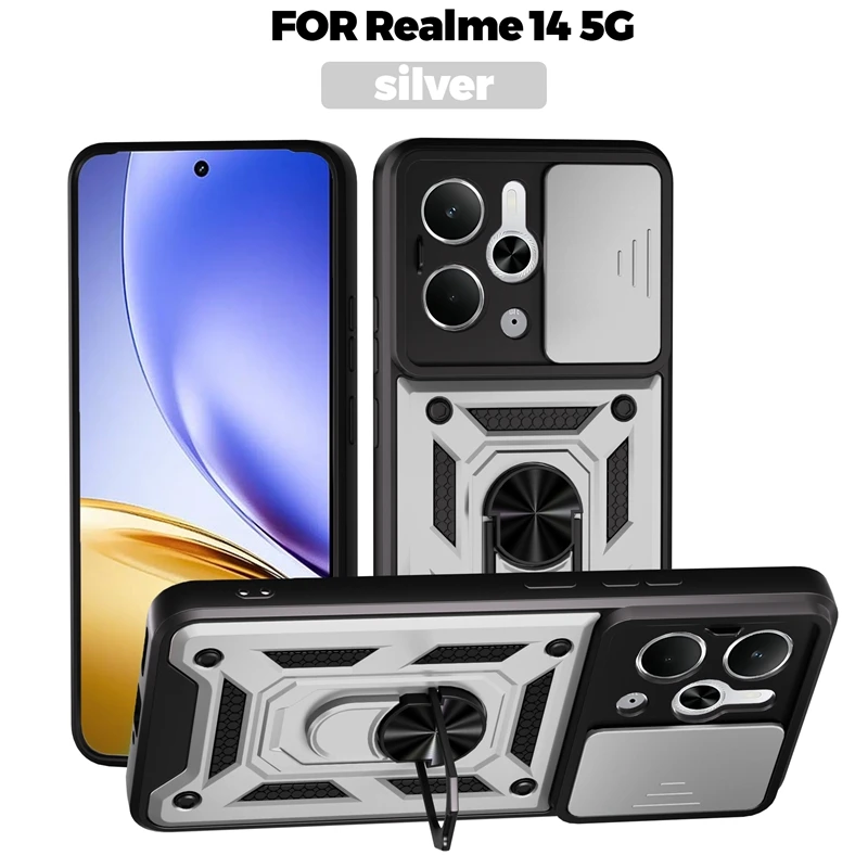 Enhanced Slide Camera Protection Phone Case with Magnetic Ring Holder and Armor Back Cover